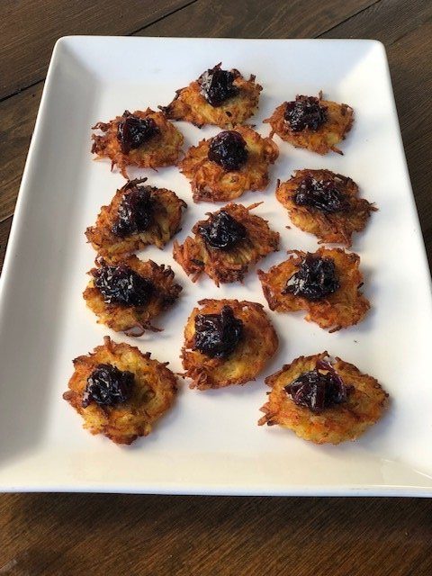Gold potato latkes with red onion marmalade