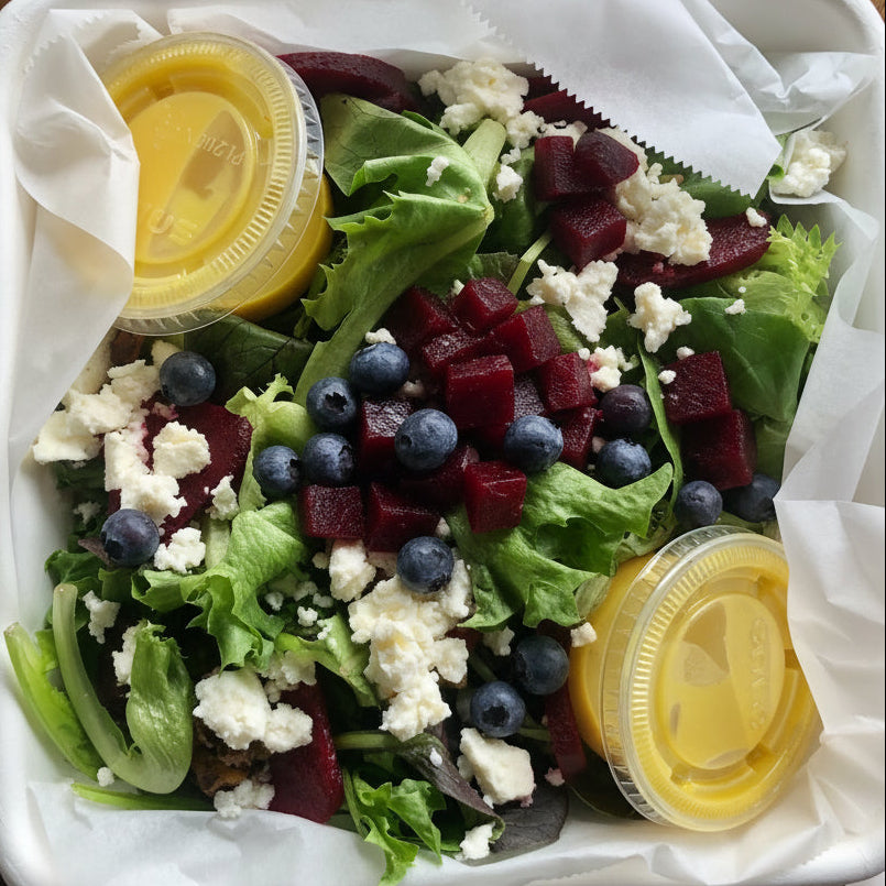 Salad with blueberries, red beets and Feta cheese and citrus vinaigrette