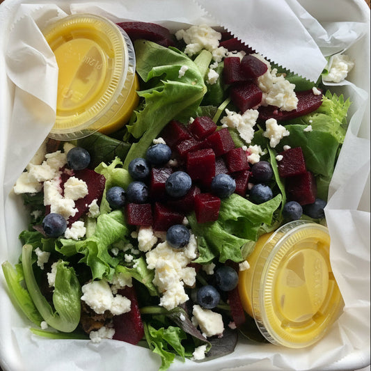 Salad with blueberries, red beets and Feta cheese and citrus vinaigrette