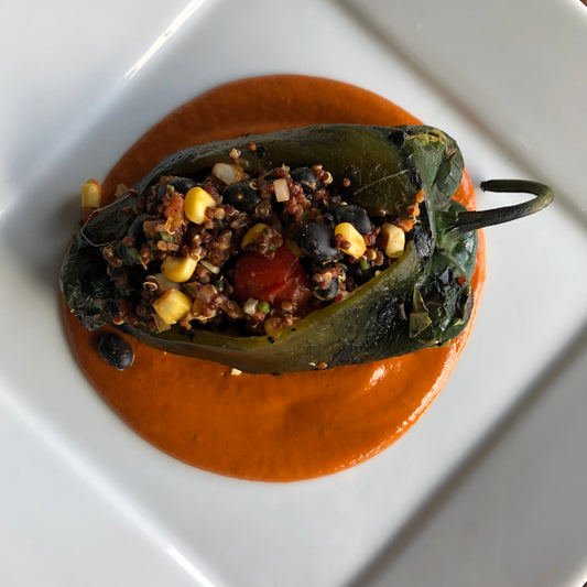 Chile Rellenos with Mild Red Chile Sauce and Cashew Crema