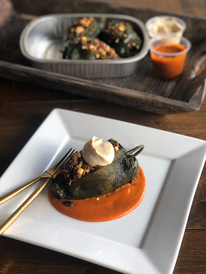 Chile Rellenos with Mild Red Chile Sauce and Cashew Crema