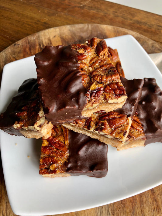Dark chocolate dipped bourbon pecan bars