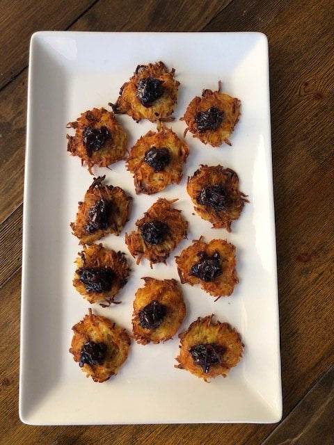 Gold potato latkes with red onion marmalade