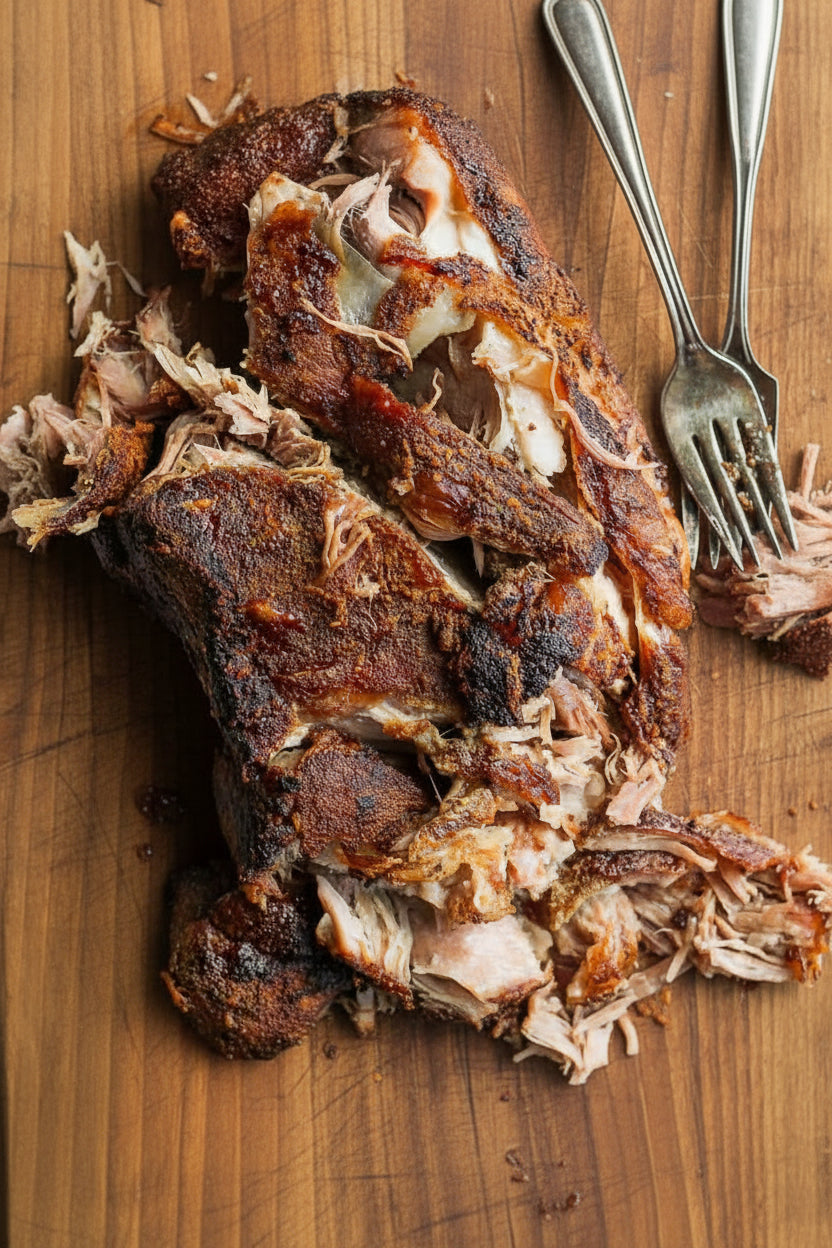 Roasted pork shoulder with a fork on wooden board